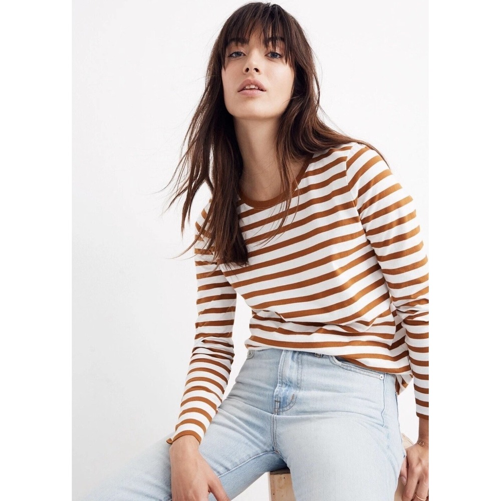 Madewell Stripe Camel and White Cotton Crew Neck Long Sleeve Casual Top‎ Size S